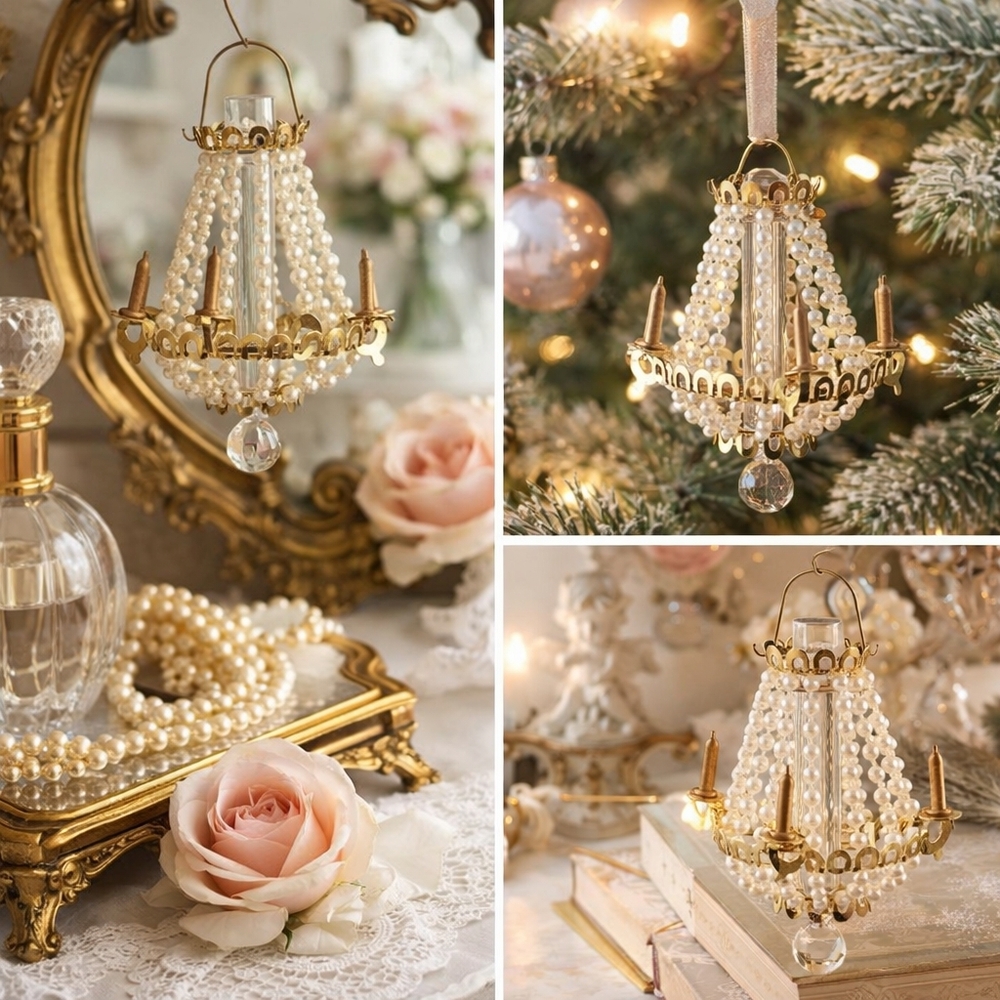 Mini Pearl Chandelier Ornament – Gold Tone & Crystal Drop – 4" Vintage Style - Picture 2 of 5